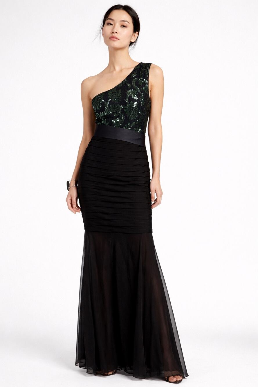 Betsy & Adam One Shoulder Sequin Lace Mermaid Gown Green Formal Dress 10